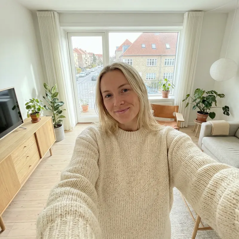 Skinny Blonde Women Selfie in Danish Room