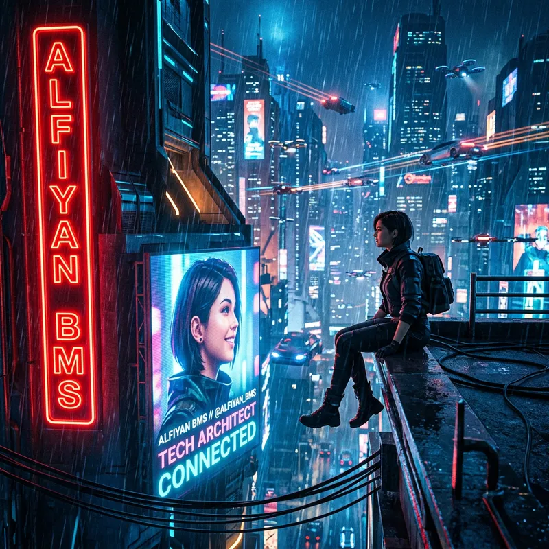 Futuristic Cityscape: Alfiyan BMS in Neon Rain Futuristic Cityscape: Alfiyan BMS in Neon Rain