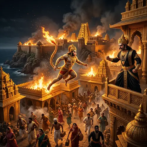 Mythological Art: Hanuman's Flaming Tail Sets Golden City Ablaze