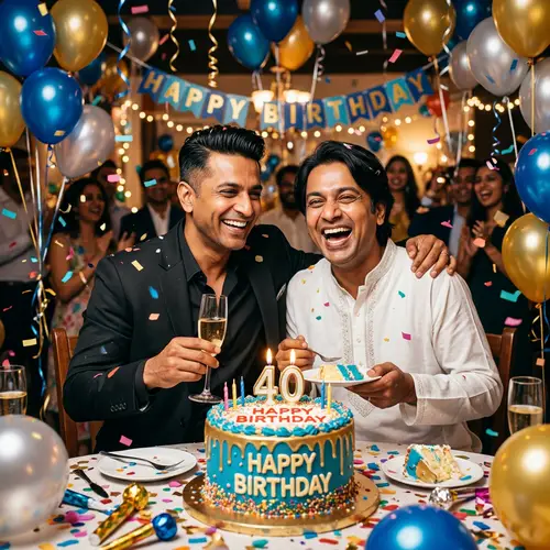 Festive Birthday Scene with South Asian Middle-Aged Friends