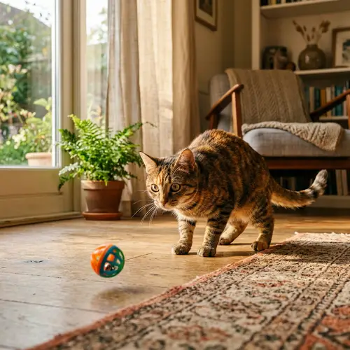 Playful Cat Ready to Pounce on Bouncing Ball