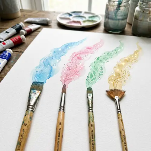 Four Paintbrushes Creating Ethereal Traces on White Background