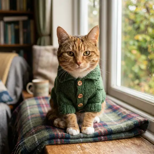 Adorable Cat in Stylish Green Coat