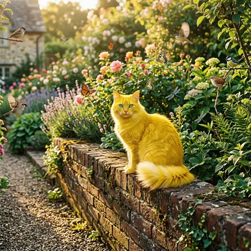 Sunny Garden Scene: Yellow Cat with Green Eyes on Brick Wall