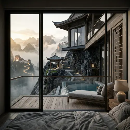 Modern Balcony with Pool on Mystical Mountain Peak View