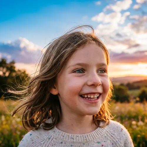 Young Girl's Joyful Expression in Nature | Bright Sky Scene
