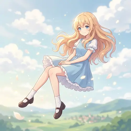 Floating Anime Girl in Blue Dress and Blonde Hair