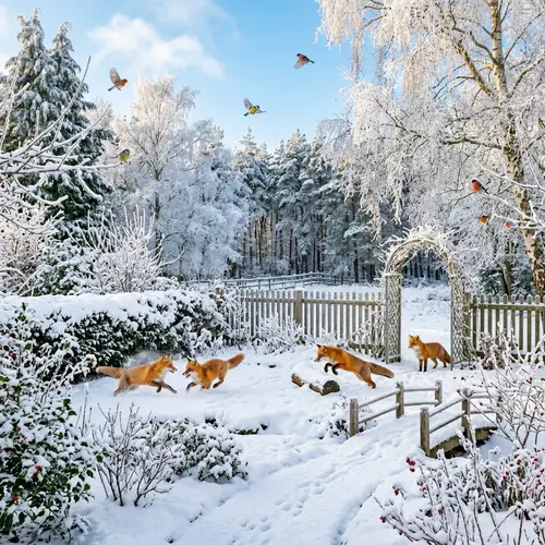 Winter Wonderland Garden with Foxes