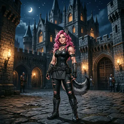 Cute Gothic Wolf Girl in a Night Castle
