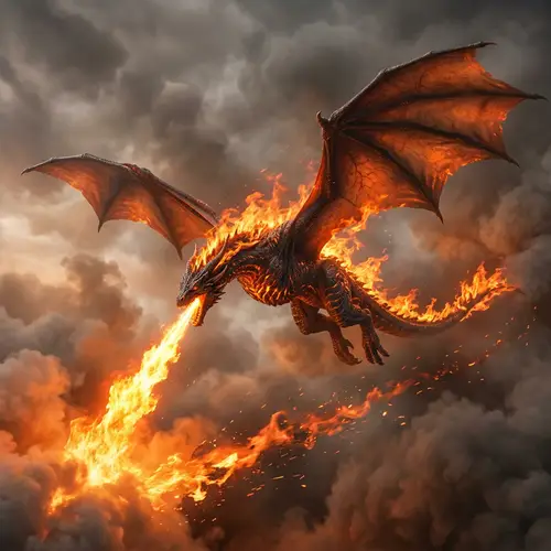 Fire Dragon Flying in Flames with Fire-Breath