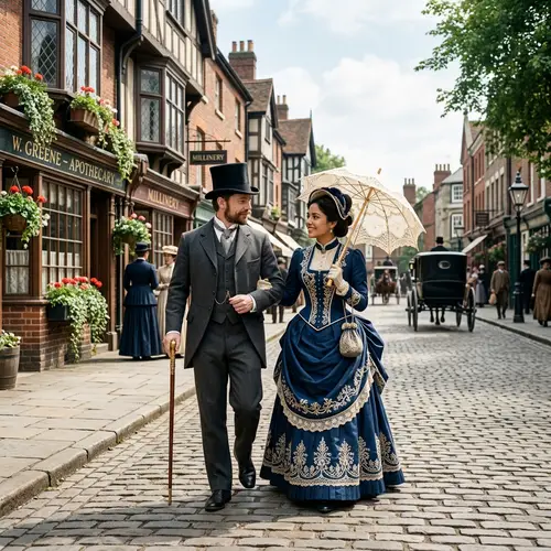 Victorian Couple's Daytime Stroll in Quaint Town