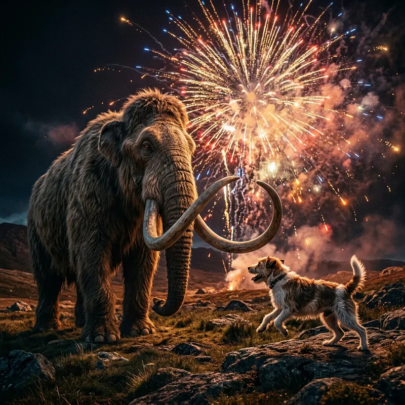 Dog vs Mammoth: Epic Battle with Explosive Background Dog vs Mammoth: Epic Battle with Explosive Background