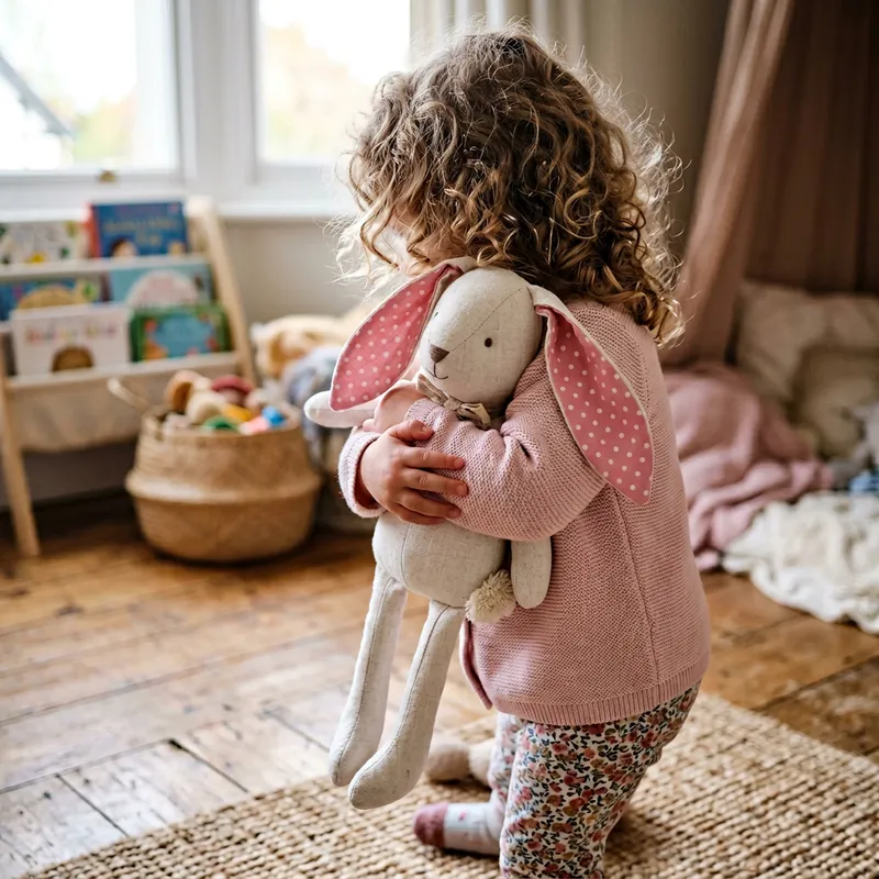 Charming Tilda-Style Linen Plush Rabbit Hugged by Girl