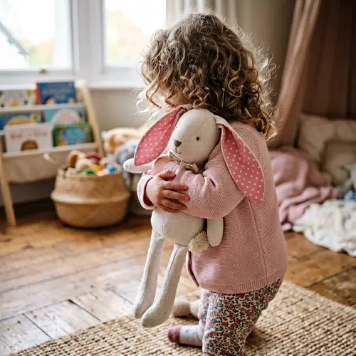 Sweet Interaction: Two-Year-Old Girl Hugging Linen Plush Rabbit