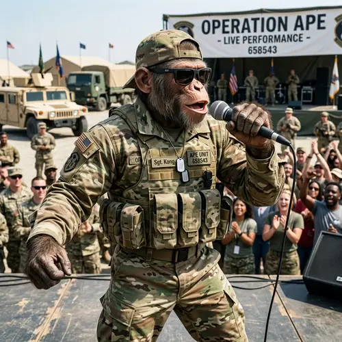 Cool Military Monkey with Shades Holding Microphone