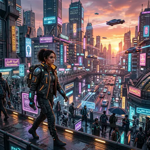 Futuristic Cyberpunk Cityscape at Sunset Feat. Ella - Tech Fashion World