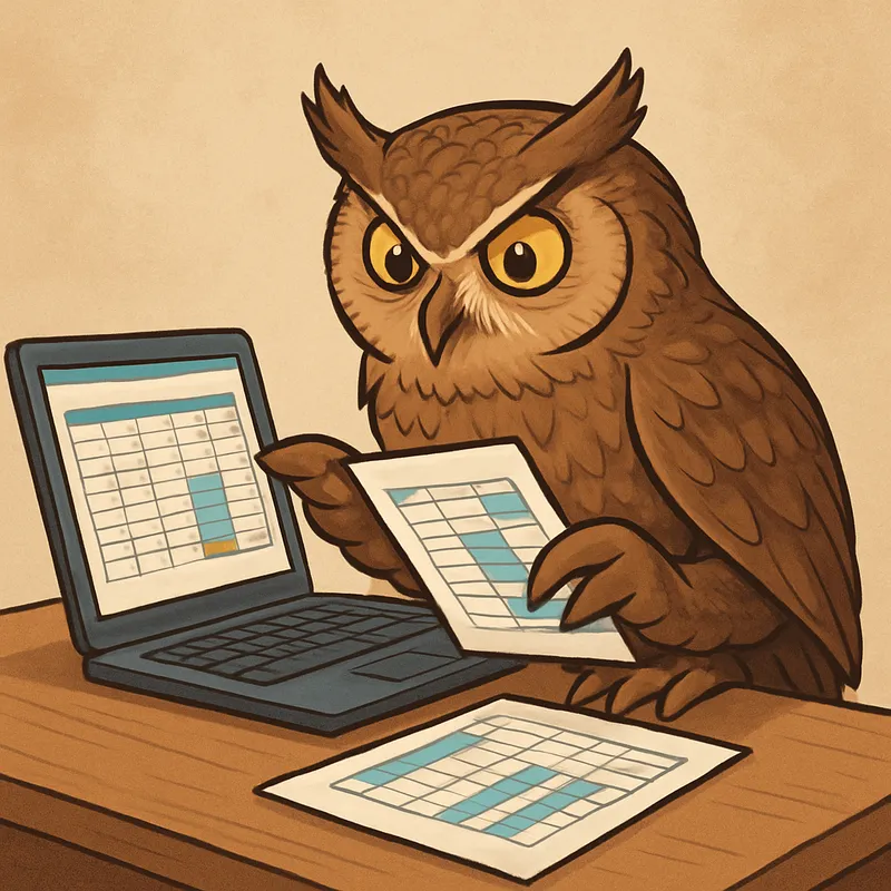 Owl Working on Computer Analyzing Spreadsheets