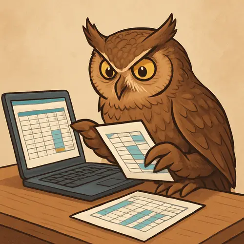 Owl Working on Computer Analyzing Spreadsheets