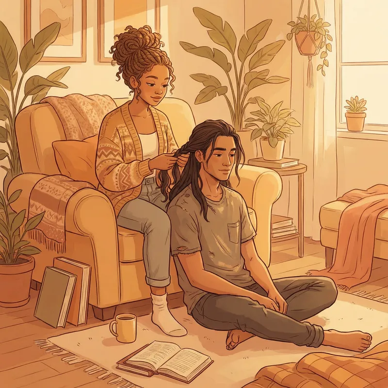 Young Woman Braiding Boyfriend's Hair - Intimate Moment Young Woman Braiding Boyfriend's Hair - Intimate Moment
