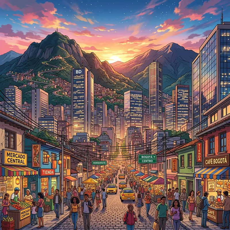 Anime-Style Bogotá Cityscape: Vibrant Sunset & Urban Life