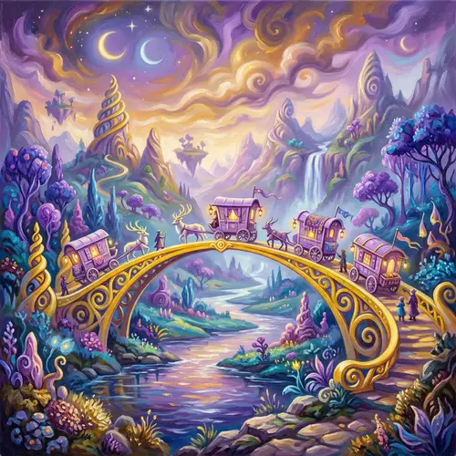 Surreal Yellow Bridge with Lilac Caravans