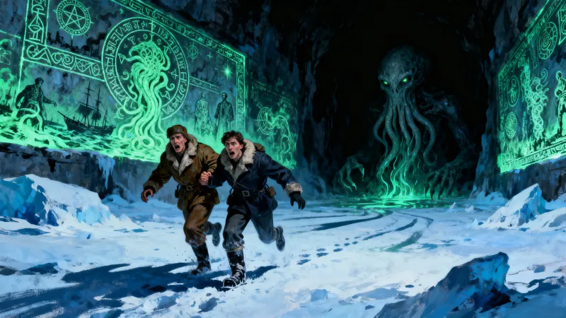 Chilling Antarctic Horror: Lovecraftian Exploration Scene