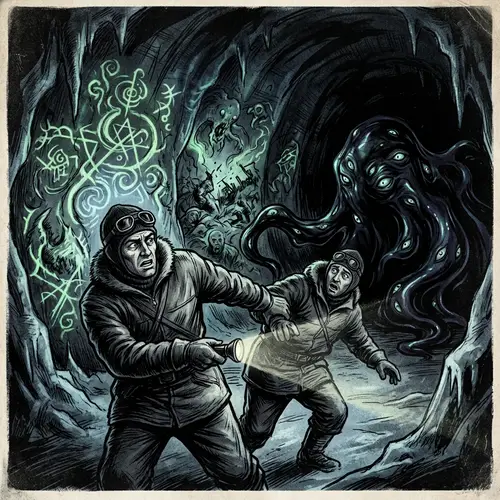 Chilling Antarctic Horror: Lovecraftian Exploration Scene
