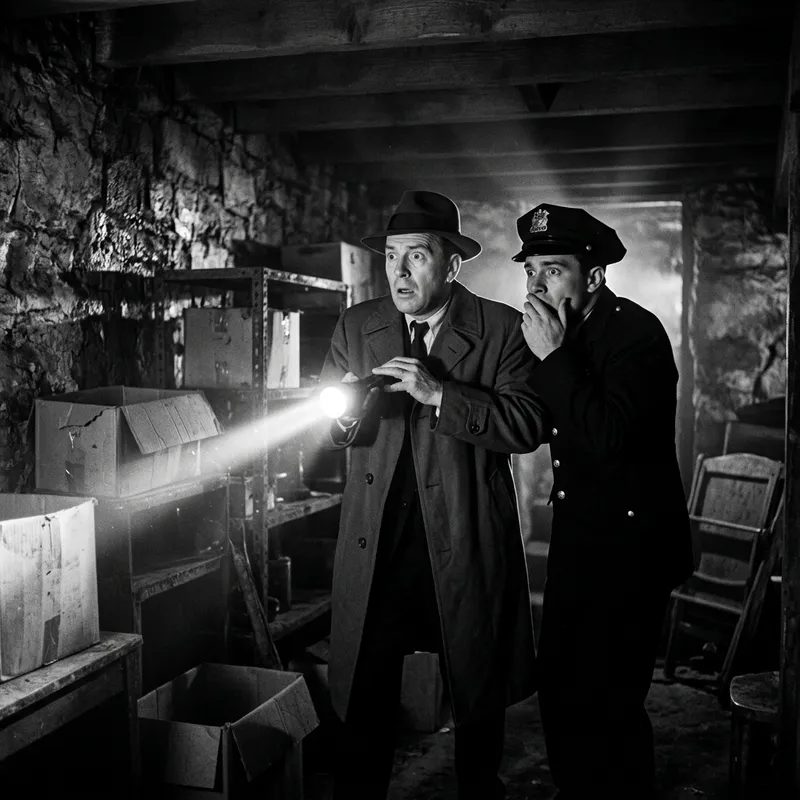 Police Search in Dimly Lit Cellar: A Film Noir Scene