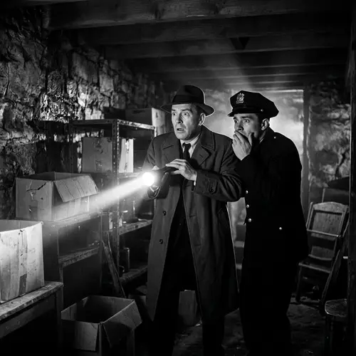 Police Search in Dimly Lit Cellar: A Film Noir Scene
