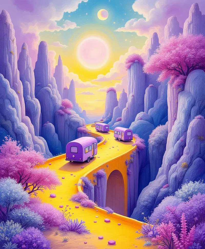 Surreal Yellow Bridge with Lilac Caravans