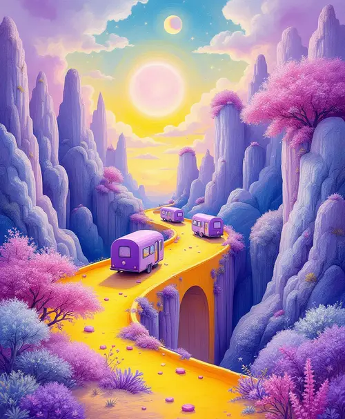 Surreal Yellow Bridge with Lilac Caravans