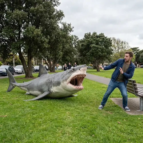 Surreal Shark Encounter: Predatory Scene Unfolds on Land