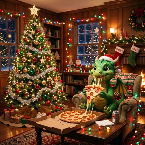 Green Dragon Enjoying Pizza in Cozy Christmas Setting