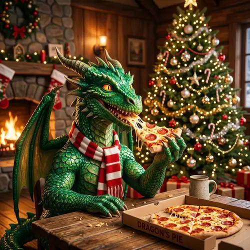 Emerald Dragon Enjoying Pizza with Christmas Tree Background