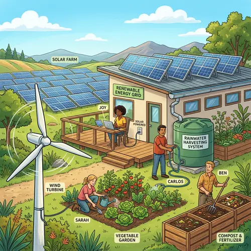 Sustainable Scene with Solar Farm and Windmill Power