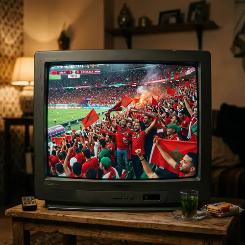 Passionate Moroccan Football Fans at Stadium on TV Screen