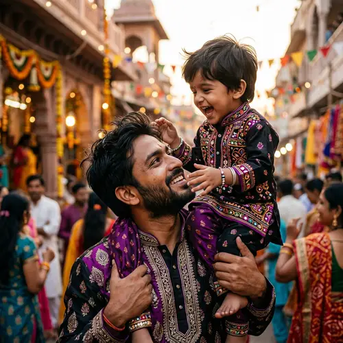 South Asian Boy Carrying Son in Black and Purple Outfits
