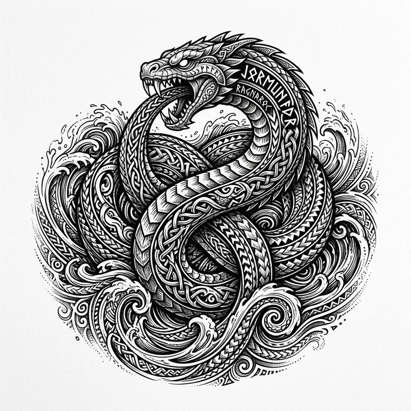 Intricate Jörmungandr Viking Tattoo Design with Ocean Theme