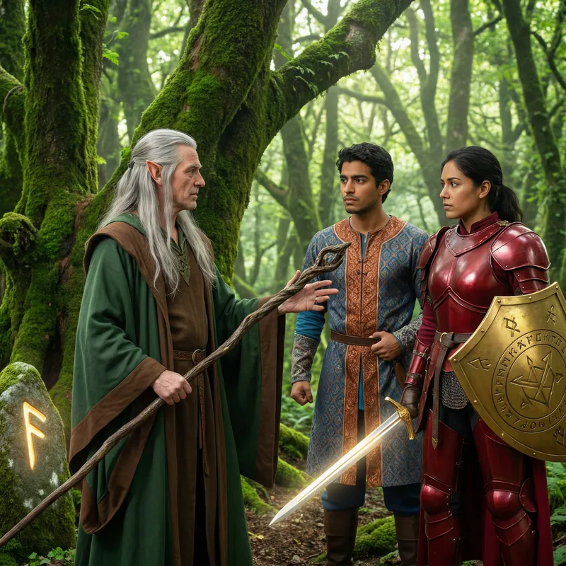 Mystical Encounter of Gray-Haired Elf, Young Man & Paladin