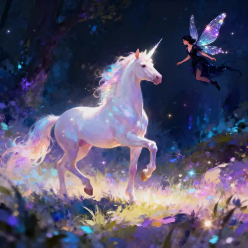 Enchanting Unicorn and Dark Fairy Art Scene