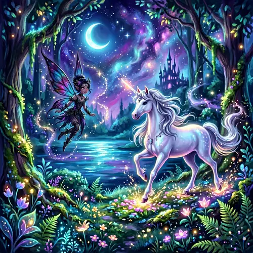 Enchanting Unicorn and Dark Fairy Art Scene