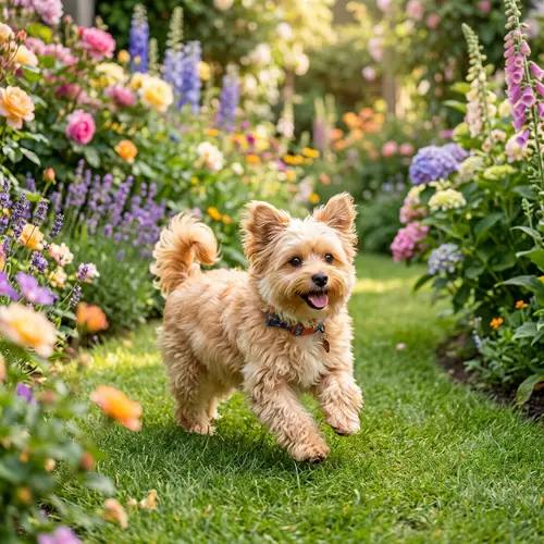 Cute Small Dog with Fluffy Fur in Joyful Garden