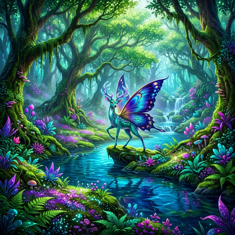 Mystical Creature in Vibrant Forest - Ethereal Fantasy Beauty