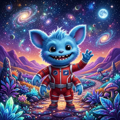 Friendly Blue Alien in Red Spacesuit | Colorful Alien Landscape