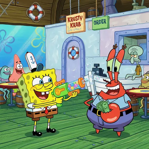 SpongeBob Playfully Aiming Toy Blaster at Mr. Krabs