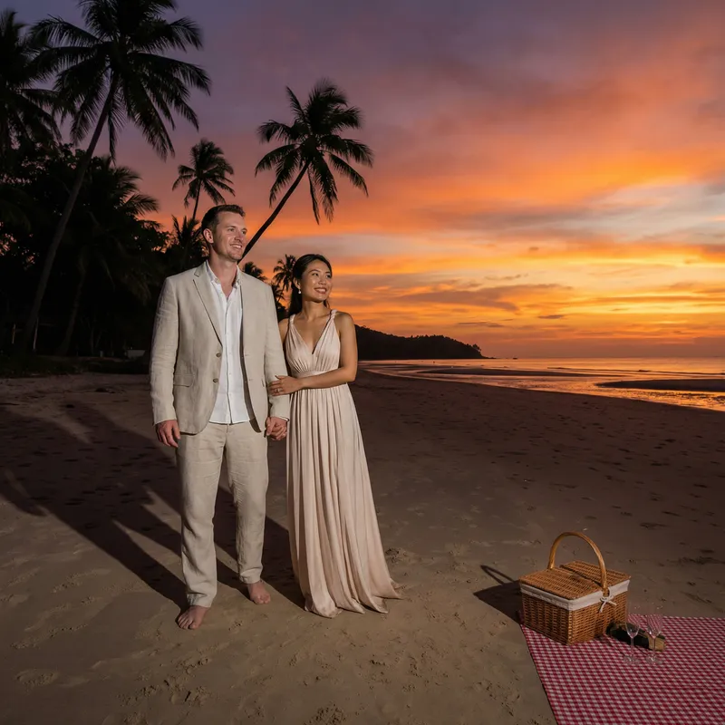Romantic Sunset Beach Picnic Date - Happy Couple