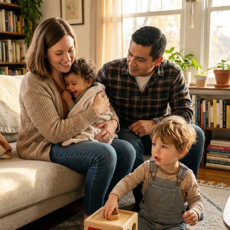 Heartwarming Family Scene: Mother, Father, and Two 1-Year-Old Boys