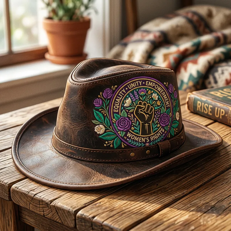 Stylish Leather Hat with Feminist Patch Illustration