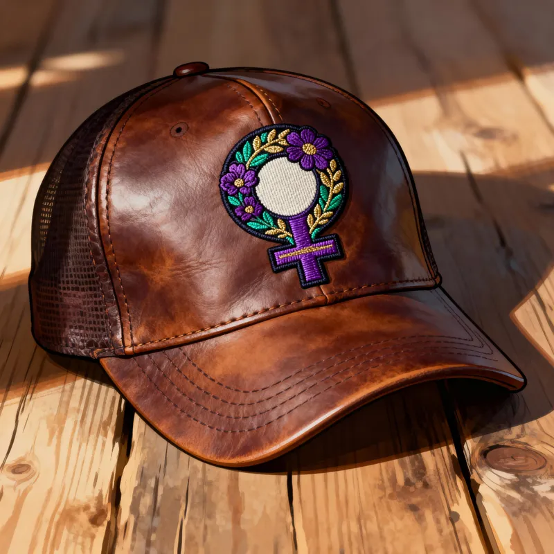 Stylish Leather Hat with Feminist Patch Illustration