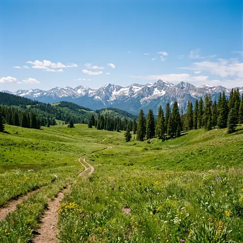 Scenic Landscape View with Mountains, Green Grass, and Pine Trees